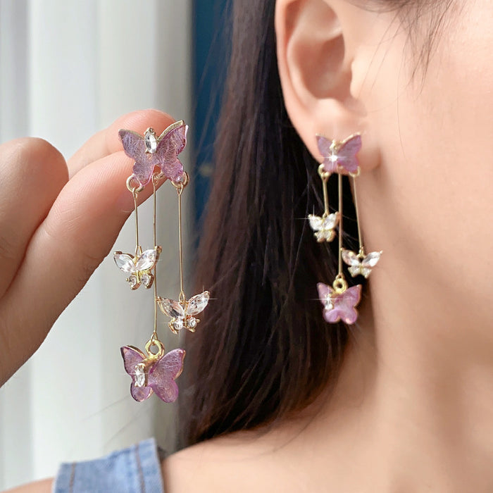 Wholesale Silver Needle Butterfly Earrings, Light Luxury, High Grade, Sparkling Diamond Long Earrings, Retro Style Earrings