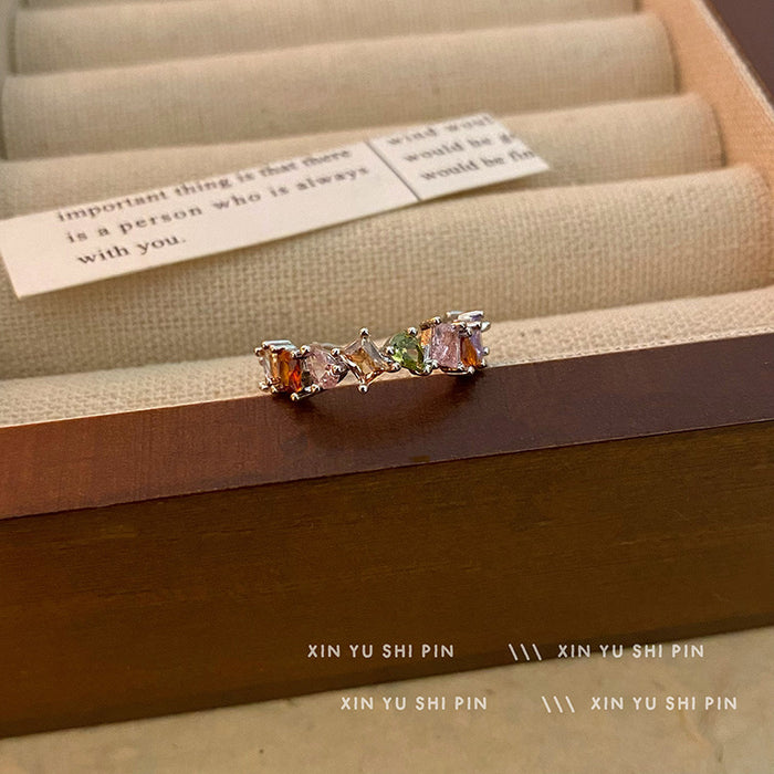 Wholesale Dreamy Rainbow Zircon Ring with Light Luxury Charm, Small Personality Design, High Grade and Exquisite Opening Finger Ring