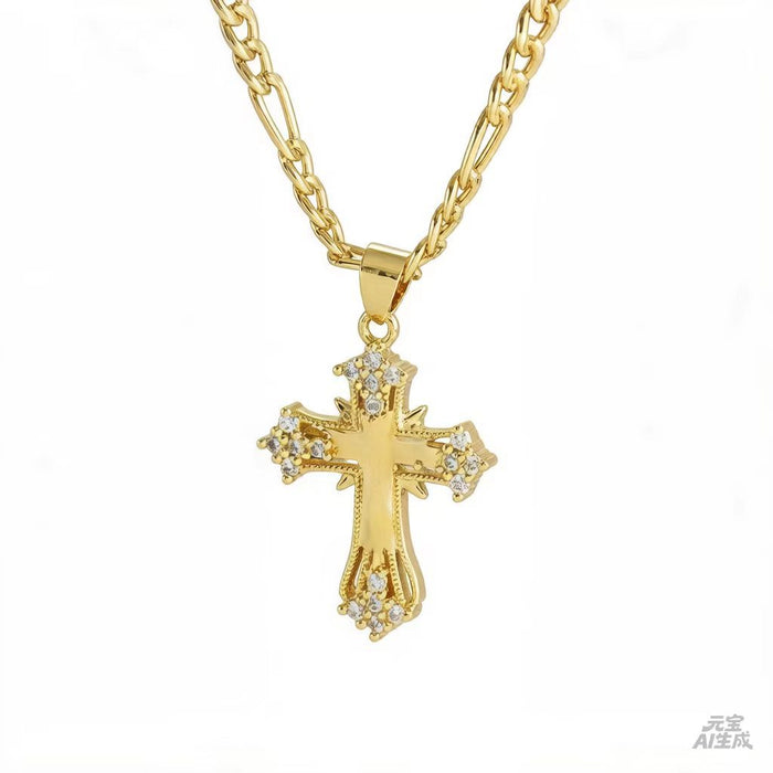 Wholesale Gold Copper Zircon Cross Pendant Hip Hop Men S Necklace Figaro Chain Gift