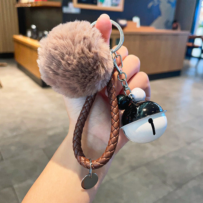 Wholesale Fur Ball Two-color Bell Leather Rope Keychain JDC-KC-YuanD003