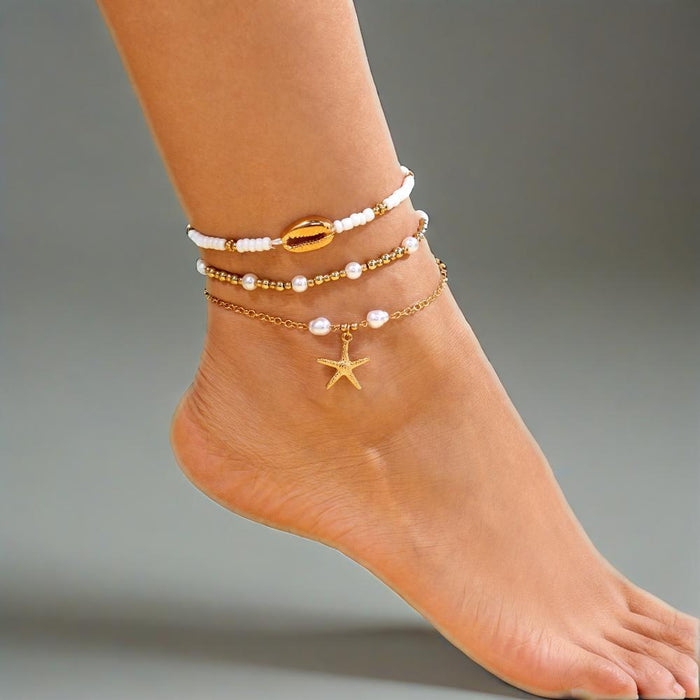 Wholesale Color blocking ankle chains, foot accessories, rice beads, ankle chains, starfish, shell sets, multi-layer layered accessories