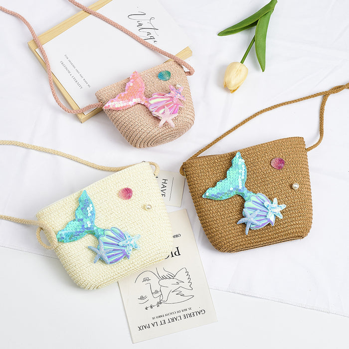 Wholesale Straw Mermaid Crossbody Bag for Girls Cute Summer Beach Purse Resale Gift
