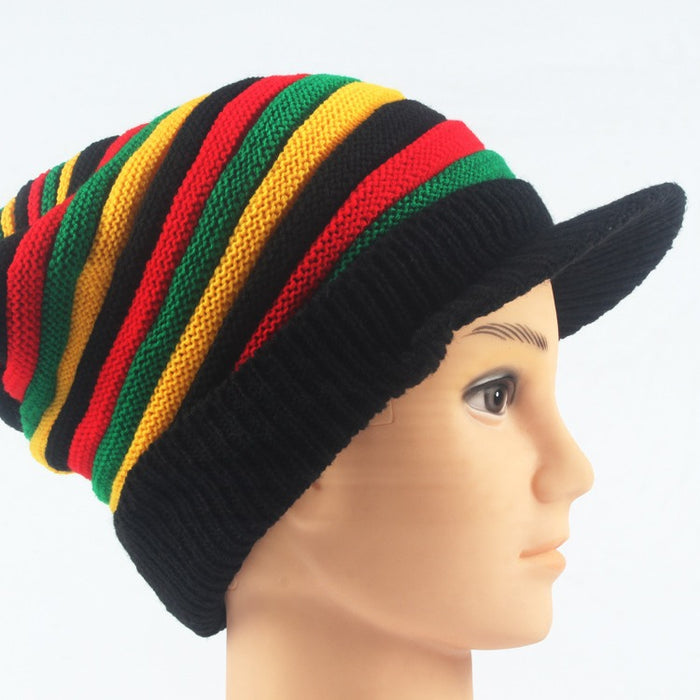 Wholesale Beanie Hat with Brim Colorful Stripes Long Rainbow Acrylic Knitted Beanie Hat JDC-FH-LvH017