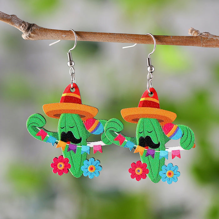 Wholesale Mexico Fifth Festival of the Dead Straw Hat Funny Cactus Pendant Earrings Wooden Double-sided Earrings