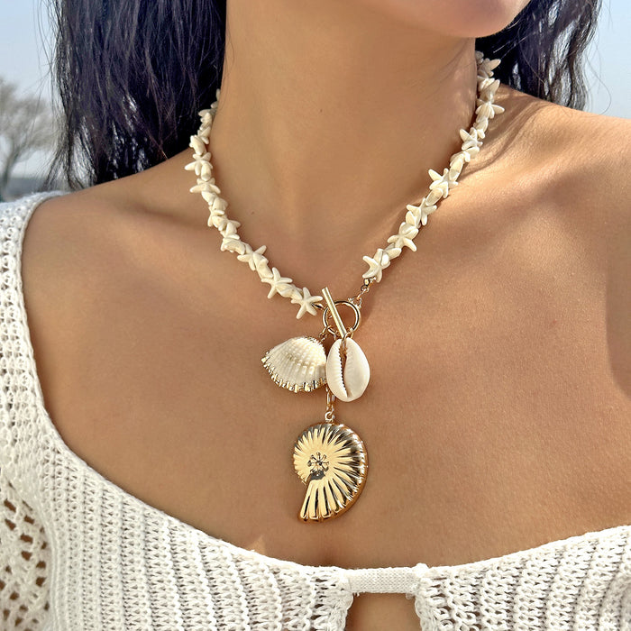Wholesale Shell Pendant Beaded Chain Necklace Trendy Beach Vacation Jewelry