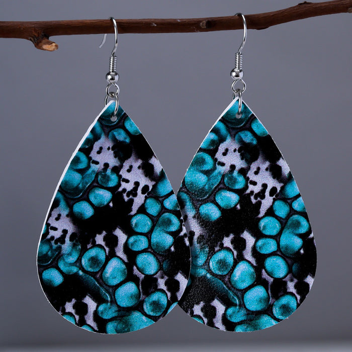 Wholesale Water Drop Shape Leather Sunflower Leaf Stripe Print Earrings JDC-ES-YiTian009