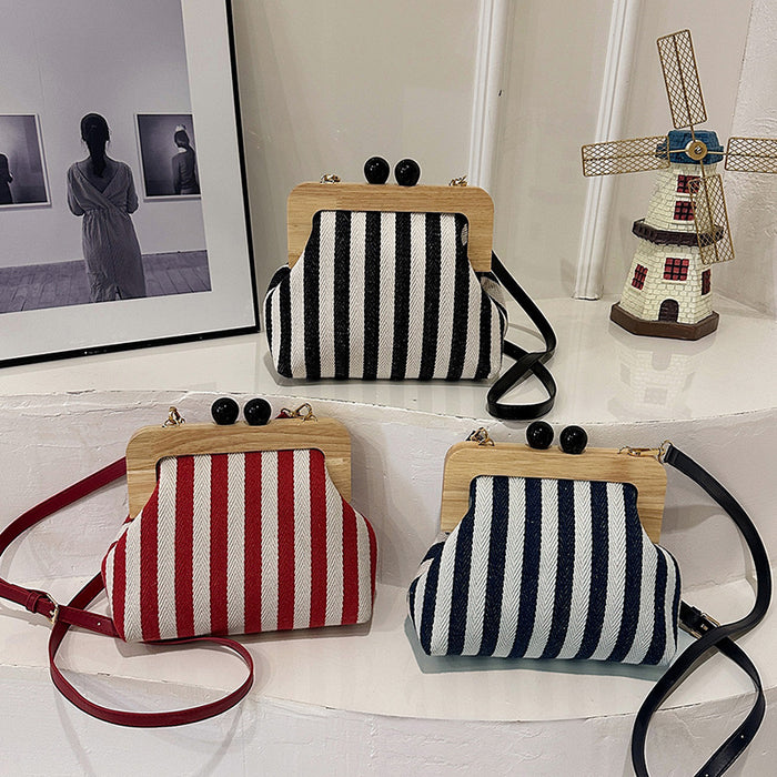 Wholesale Women' s striped canvas shoulder bag with wooden clasp
