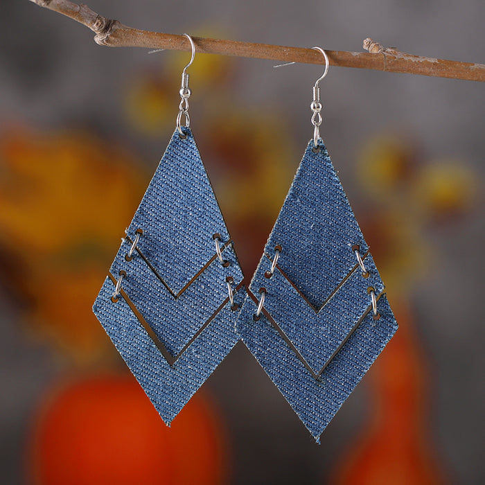 Wholesale Gradient blue denim geometric triple ing earrings Western Bohemian denim leather earrings