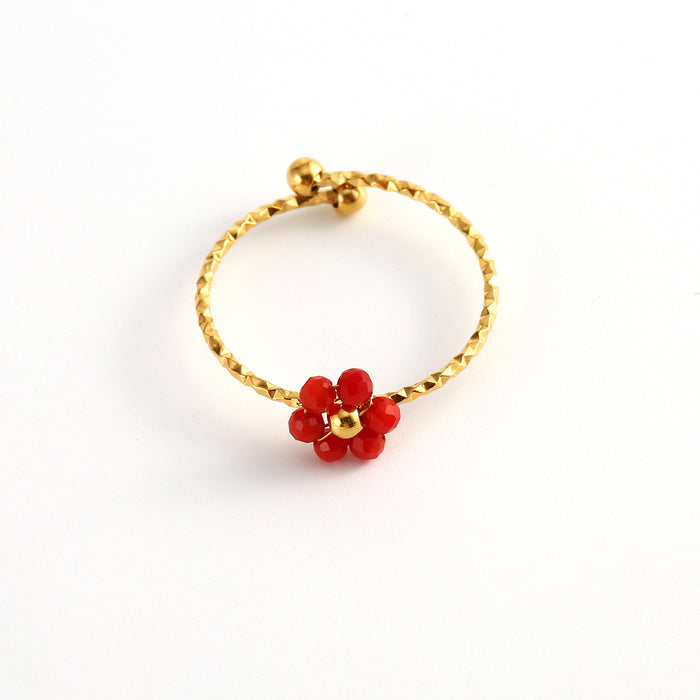 Wholesale Fashionable and minimalist stainless steel cut surface natural stone flower ring, personalized and versatile, multi-color adjustable ring