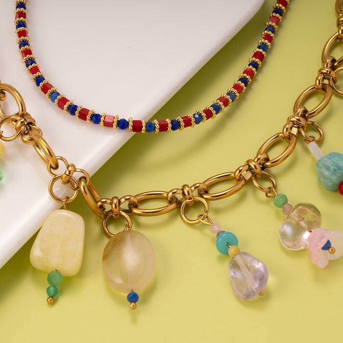 Wholesale Fashionable and personalized bead necklace made of stainless steel paired with natural stone pendant, original design, elegant women's accessories