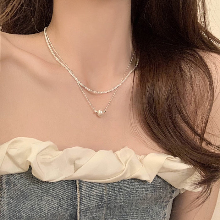 Wholesale  Double Layer Stacked Pearl Necklace Women's Elegant Niche Necklace Clavicle Chain
