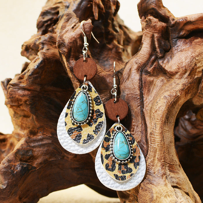 Wholesale Western Style Multi-layered Leopard Print Alloy Turquoise Earrings JDC-ES-ChenC009