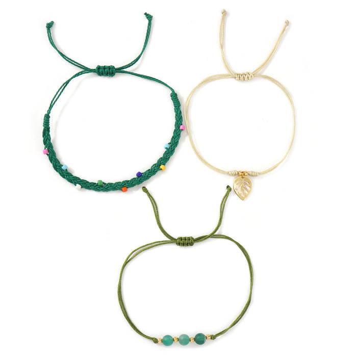 Wholesale Beach Vacation Style Wax Thread Bracelet With Multi Layer Green Natural Stone Beads And Leaf Pendant Everyday Fashion Accessory