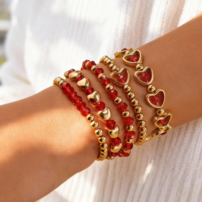 Wholesale Five-piece red heart-shaped crystal bead bracelet set for Valentine' s Day.