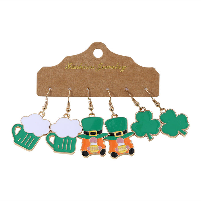 Wholesale St.Patrick's Day Clover Earring Set 3 Pairs Alloy Drip Oil Jewelry Accessory