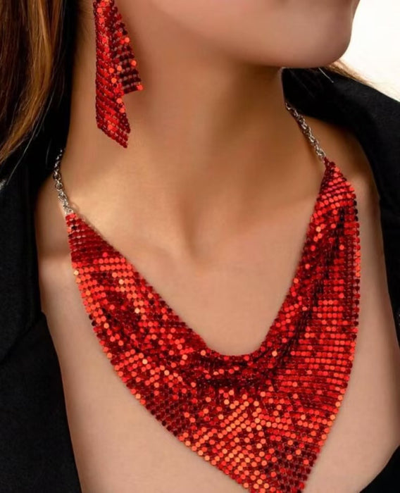 Wholesale Triangle scarf sequin silk scarf necklace set with exaggerated personality collarbone necklace earrings pendant