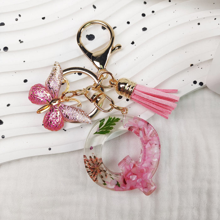 Wholesale Small Daisy Dried Flower Green Leaf Crystal Acrylic Letter Butterfly Tassel Keychain JDC-KC-JiaYi002