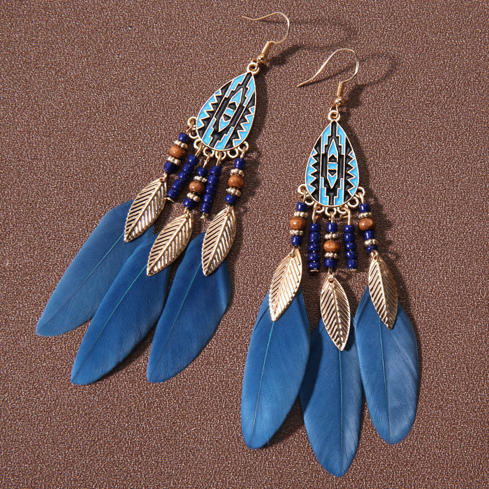 Wholesale Alloy Bohemian Water Droplet Tassel Feather Earrings JDC-ES-Gumi012