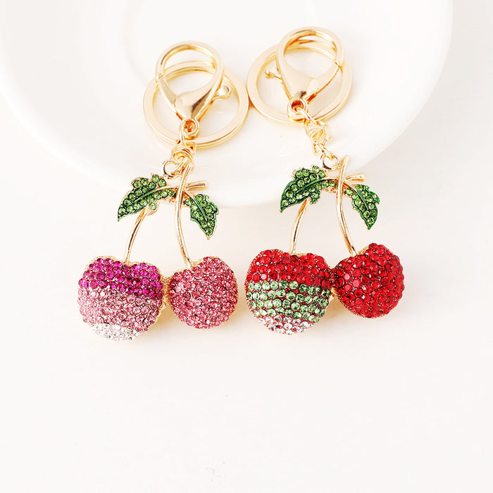 Wholesale Diamond-Encrusted Cherry Keychain Bag Pendant Alloy Fruit Keychain
