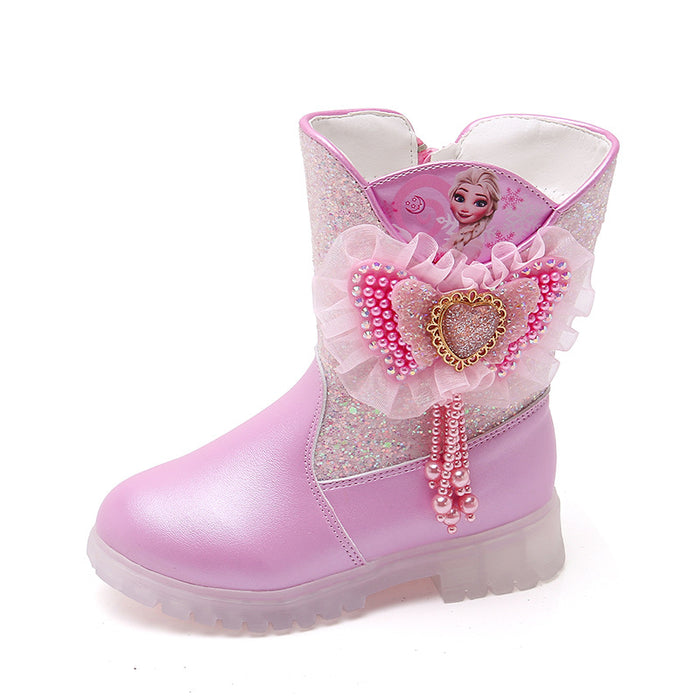 Wholesale Children's Leather Boots Barbie Pink Princess Girl Sequins Bow Bead Warm High Top Cotton Boots JDC-KS-SB009