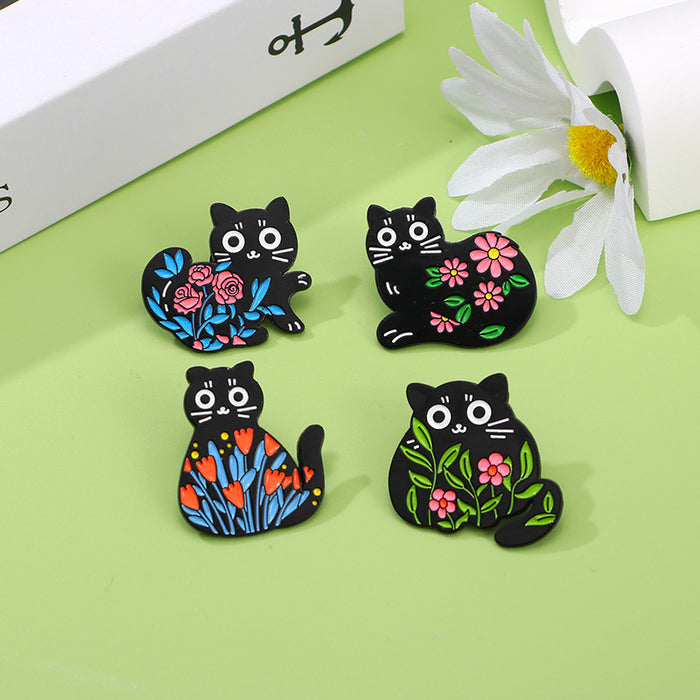 Wholesale Original cute black cat flowers and plants alloy brooch