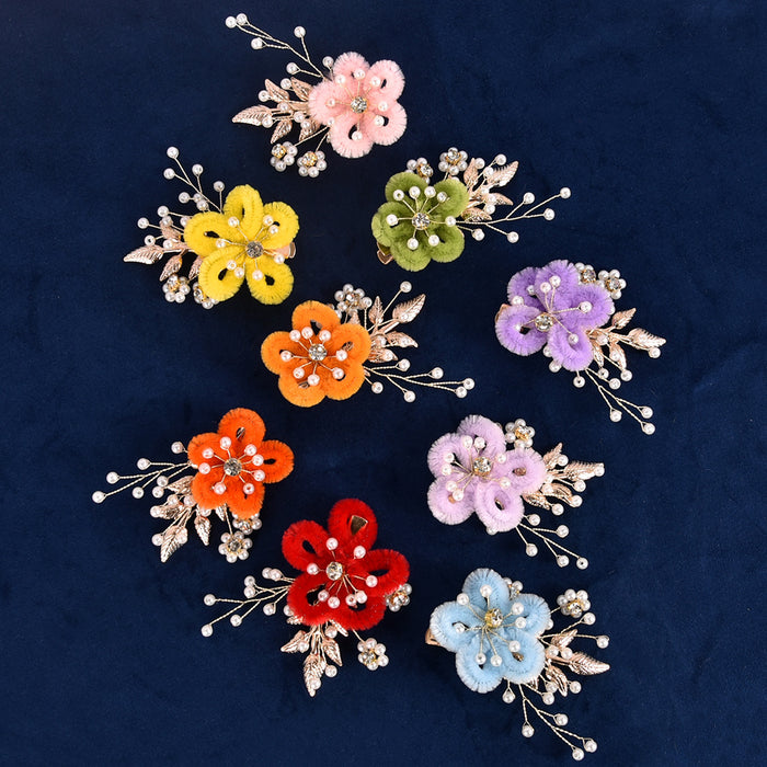 Wholesale Original handmade flower pearl leaf hair clip, multi-color plush duckbill clip