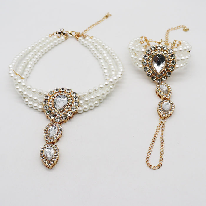 Wholesale bridal Wedding Jewelry Retro Elegant Multi-layer Pearl Diamond Choker Bracelet suit