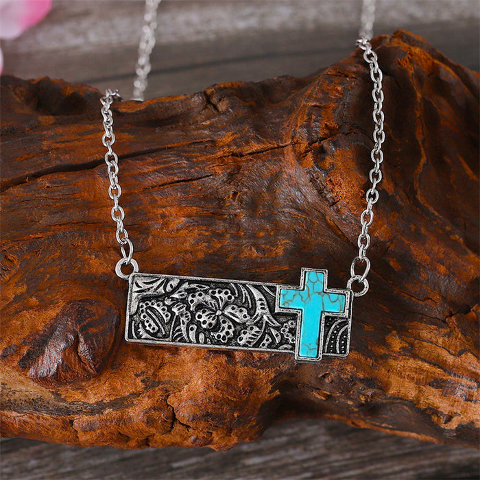 Wholesale 2pcs retro square turquoise bohemian style necklace