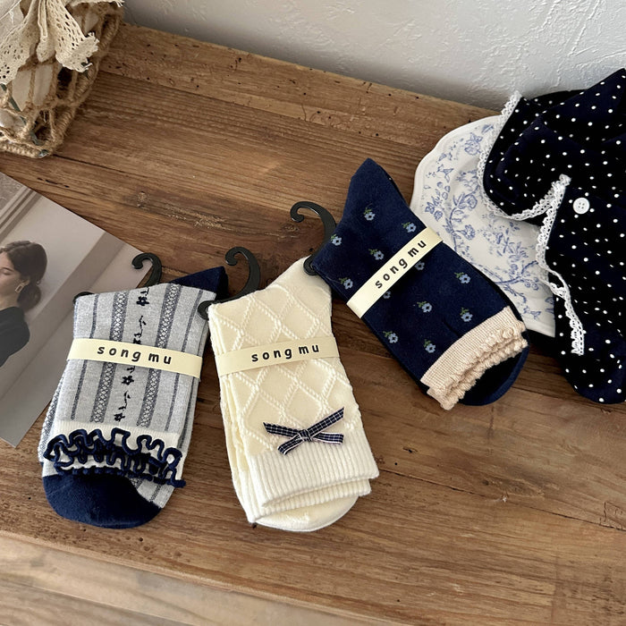 Wholesale Retro navy blue bow socks, children's mid length socks, pure cotton socks