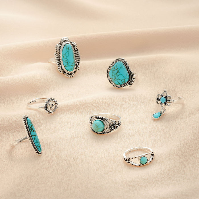 Wholesale retro personality turquoise 7 suit ring set