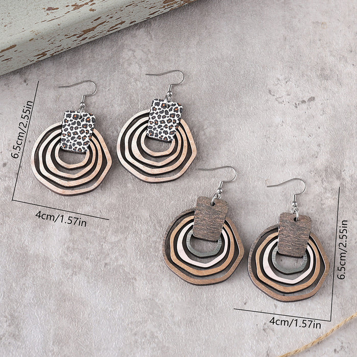 Wholesale Bohemian hoop three-dimensional leopard gradient hollow pendant earrings wooden double-sided earrings gift