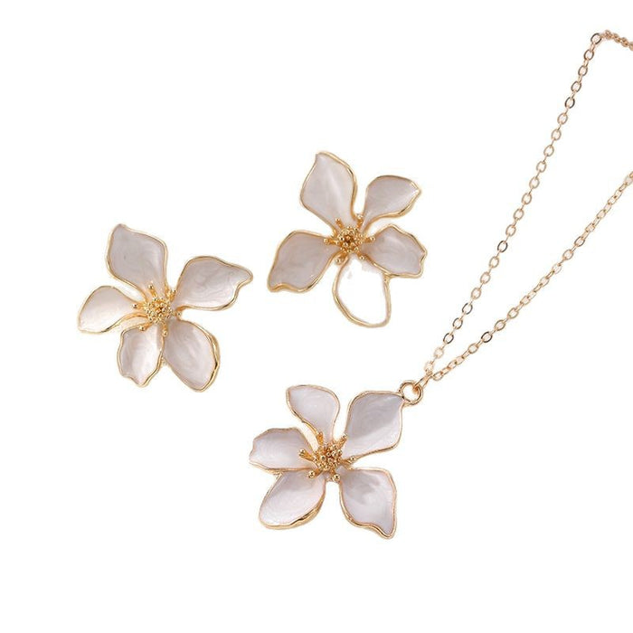 Wholesale Drip Oil Flower Necklace Earrings Camellia Jewelry Set