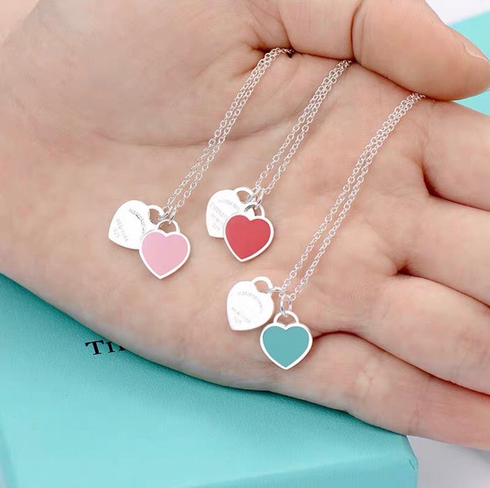Wholesale Heart Necklace Sterling Silver Red Heart Dripping Oil Enamel Blue Clavicle Chain Double Heart-Shaped Pendant
