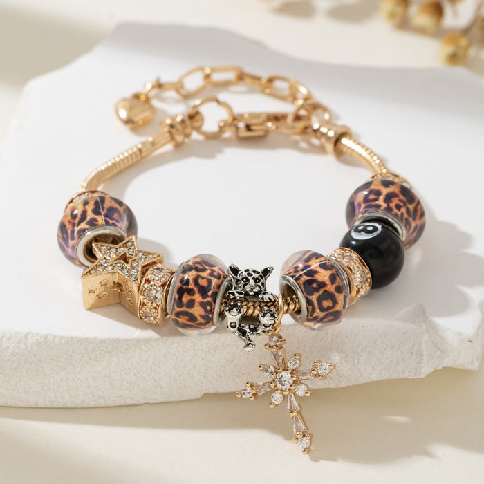Wholesale DIY Beaded Charms Bracelets Cross Leopard print Beads Black