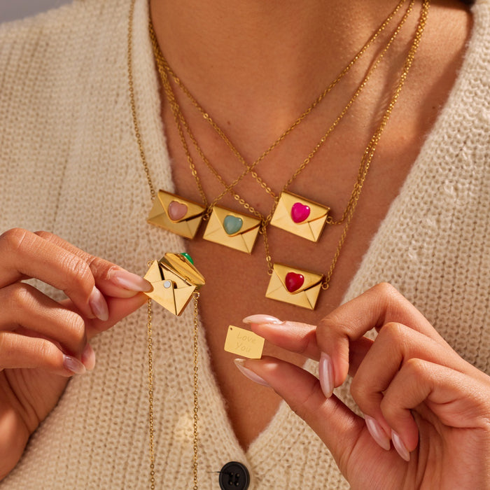 Wholesale Valentine' s Day Natural Stone Heart-Shaped Envelope Stainless Steel Necklace