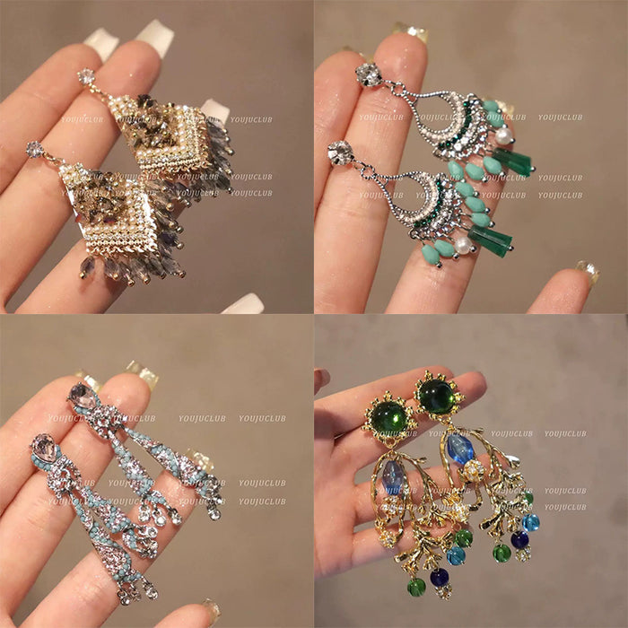 Wholesale Silver Needle Diamond Crystal Diamond Tassel Earrings High Sense Earrings Ethnic Style Retro Earrings