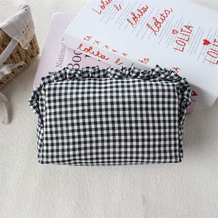 Wholesale Trendy Black Plaid Pleated Lace Pencil Case Large Capacity Student Stationery Pouch Boutique Gift