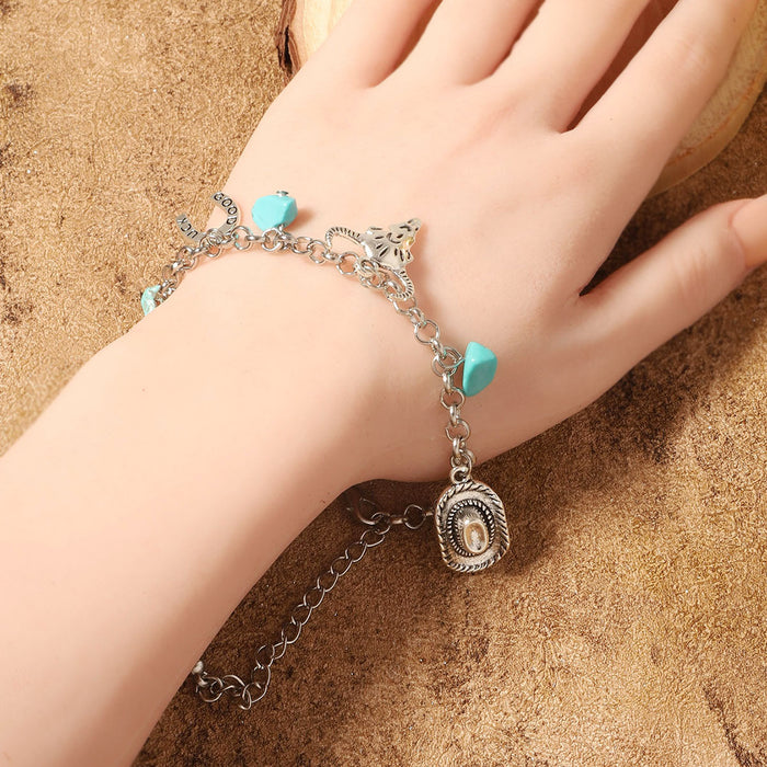 Wholesale western Denim retro ethnic style imitation turquoise alloy cow's head boots hat Necklace