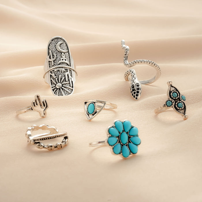 Wholesale 2pcs retro turquoise serpentine cactus 7 pieces Rings