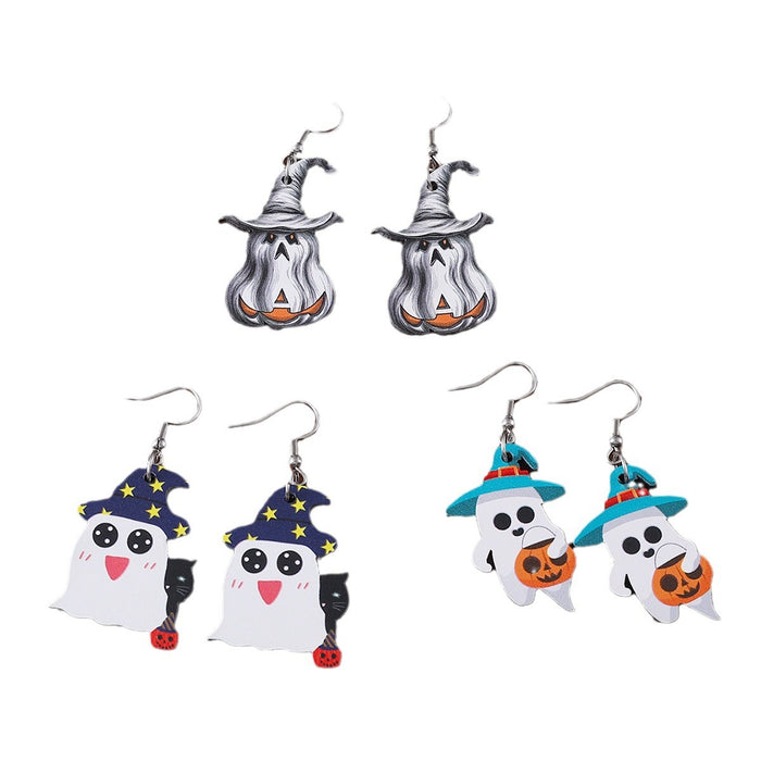 Wholesale  Pumpkin Black Cat Ghost Pendant Earrings Wooden Gothic Double-sided Ear Jewelry