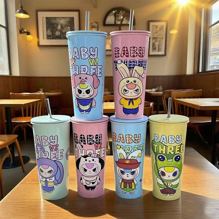 Wholesale Stainless steel coffee cup cartoon large-capacity portable straw water cup
