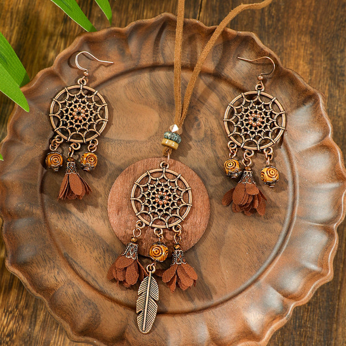 Wholesale Retro Boho Dreamcatcher Hollow Earrings and Necklace Set Fashion Jewelry MOQ≥2