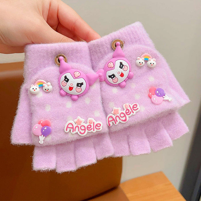 Wholesale Children' s Gloves Autumn and Winter Warm Cute Cartoon  Girls'  Half-Finger Flip Cover Baby Thickened Warm Five-Finger Set
