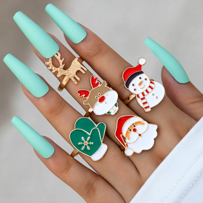 Wholesale Alloy Drip Oil Christmas Ring Set 4-Piece Geometry Snowflake Design Fashion Jewelry Accessory MOQ≥2