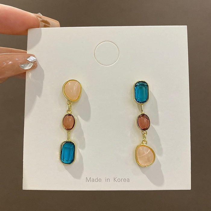 Wholesale Asymmetric colored gemstone earrings, silver needle contrasting earrings, niche design, high-end tassel earrings