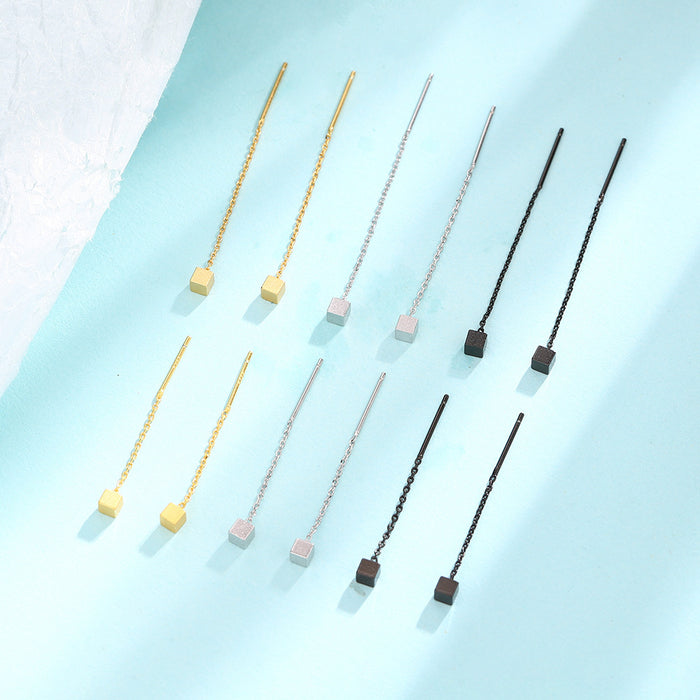 Wholesale Three dimensional geometric earrings, simple and plain style, with elegant ear chain and brushed small square earrings