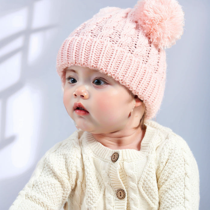 Wholesale Solid Color Twist Yarn Double Ball Children' s Hat in Stock for Autumn and Winter,  Warm Baby Pullover Hat