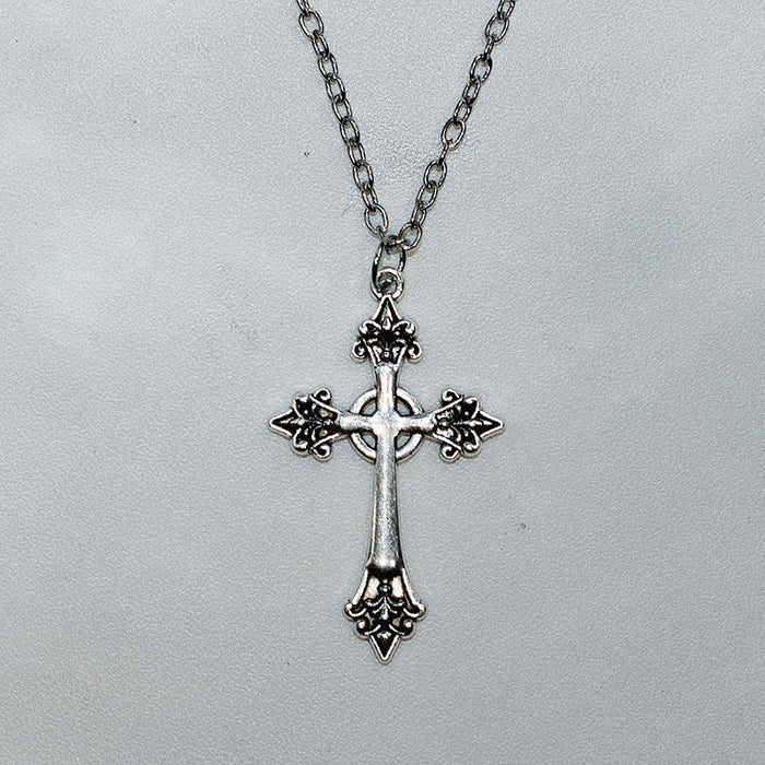 Wholesale Rose Cross Necklace silver Large Cross Carved Necklace Woolen Chain