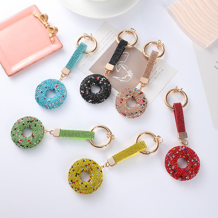 Wholesale Diamond-studded donut clay keychain,  rhinestone rope car key chain