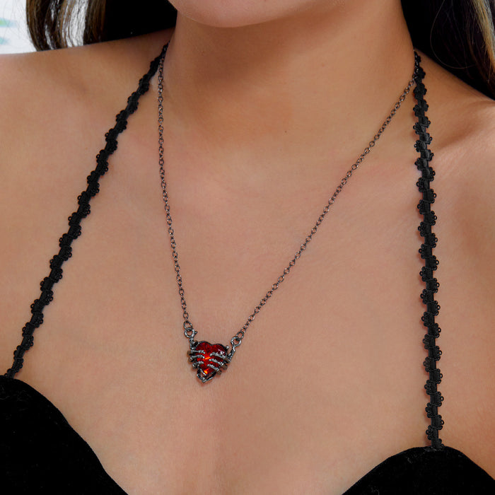 Wholesale Vintage Ghost Hand Heart Alloy Rhinestone Earring Necklace Set Boutique Resale